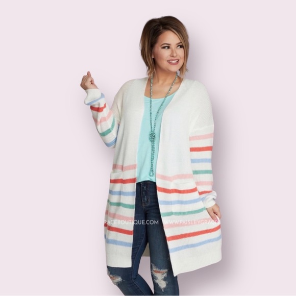 ANDREE BY UNIT Sweaters - Andree by Unit-Long Open front Sweater-Cream w/colorful stripes-NWT-Sz-Med.